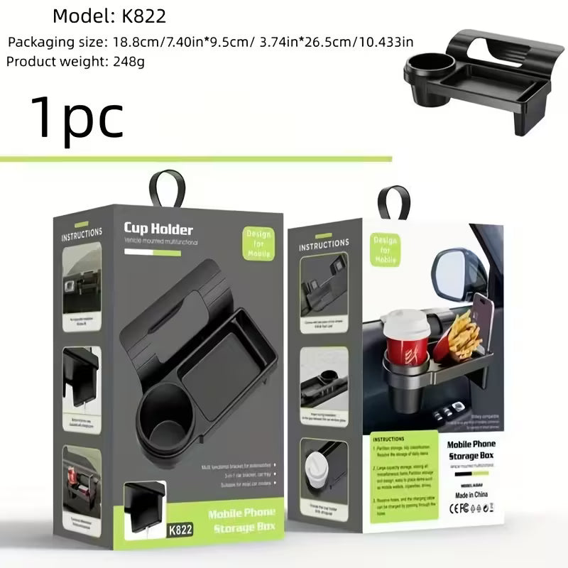 Car armrest with built-in mobile phone and cup holder for convenient in-car storage and easy access.