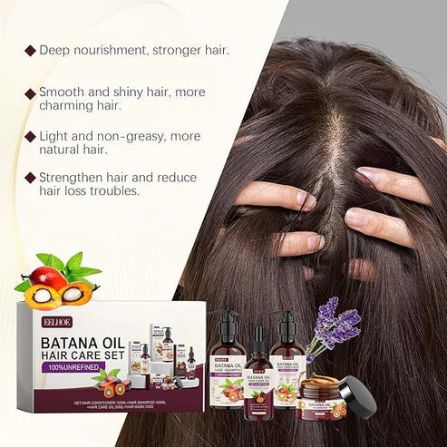 EELHOE Batana Oil hair care set with bottles of natural hair treatment products, suitable for nourishing and strengthening hair.
