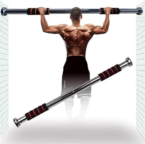 LORDEX doorway gym bar mounted on door frame for strength training and pull-up exercises, made of sturdy metal with foam grips.