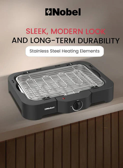 Nobel electric grill by My Store with a sleek black design, heated grilling surface, and control knob for indoor cooking.